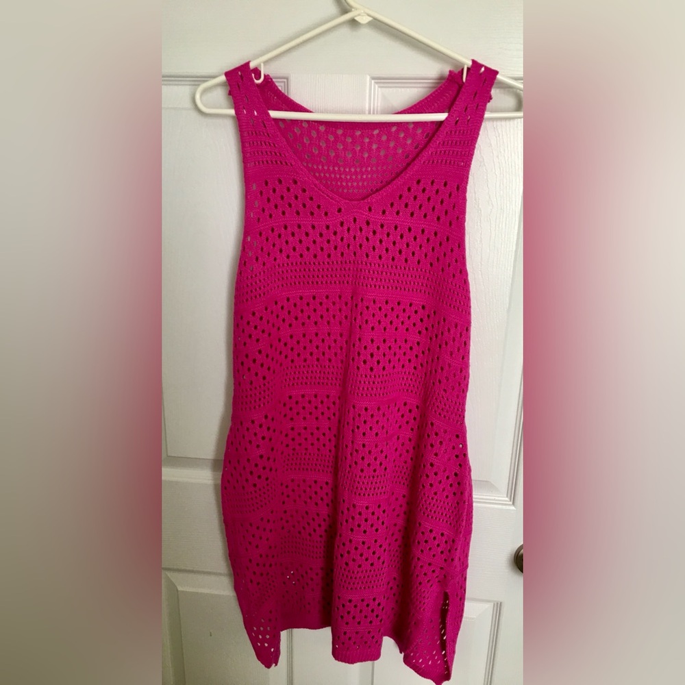 NEW Hot Pink Crochet Swimsuit Coverup Dress, Size Large, Slits at Bottom